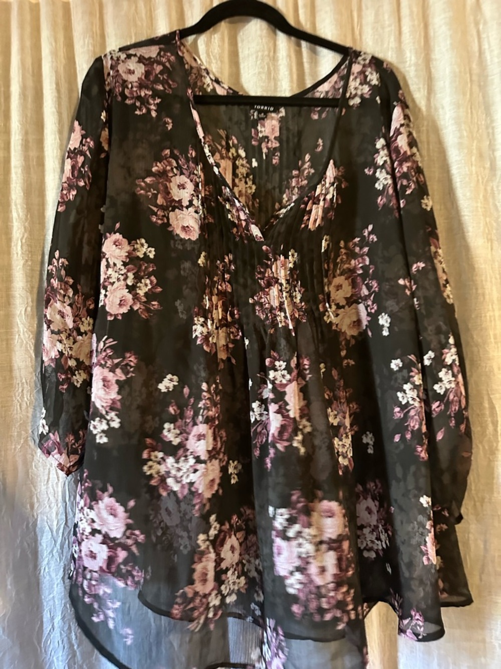 torrid Black Floral Sheer Tunic with Pink Rose Print
